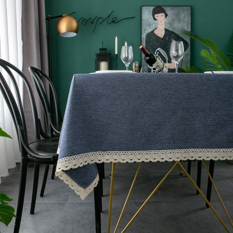 EHouseHome Faux Linen Tablecloth with Lace Trim - Waterproof/Spill Proof/Stain Resistant/Wrinkle Free/Oil Proof - for Banquet, Parties,Dinner,Kitchen,Wedding,Holiday,Denim Blue Rectangle 60x84Inch - Image 2